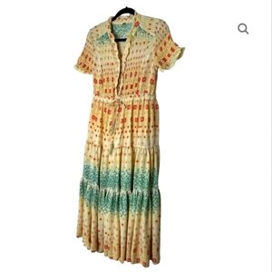 Free People RARE FEELINGS Floral Print Cream/Aqua Blue Maxi Dress Sz S